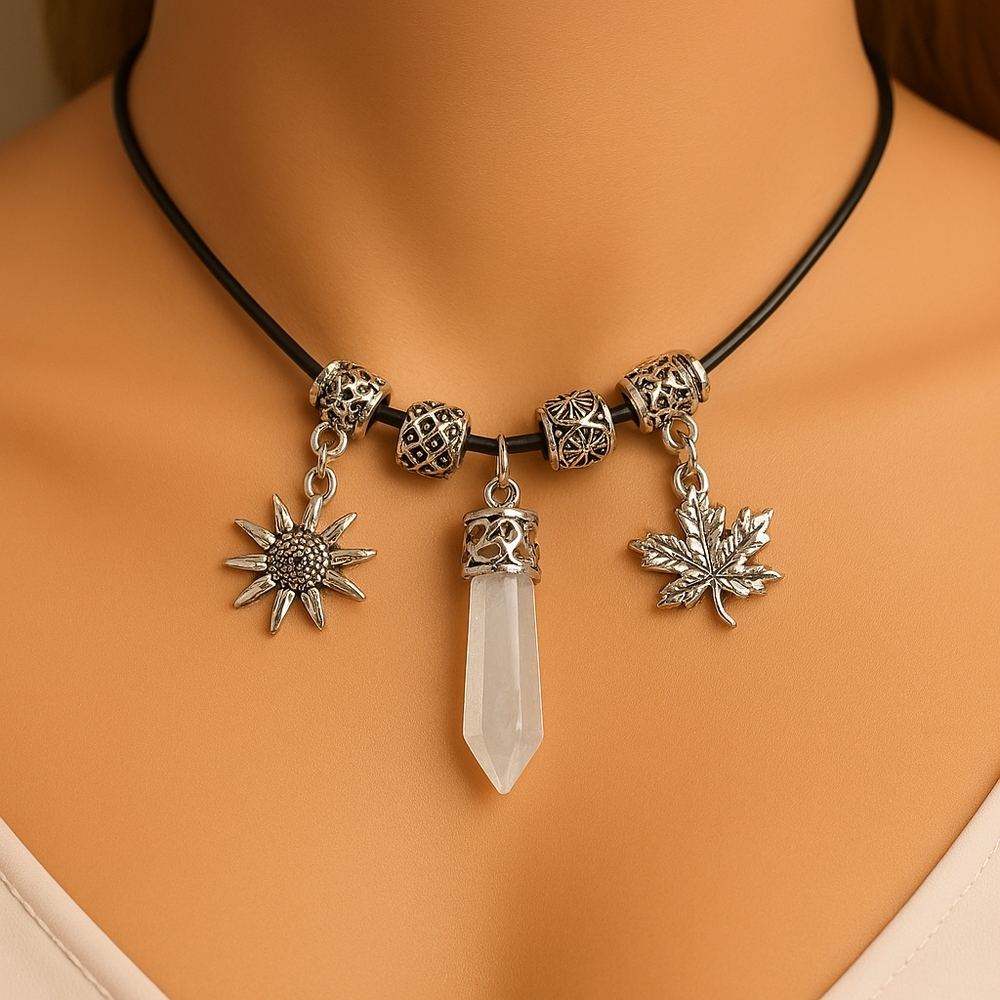 Boho Silver Charm Necklace – Sun, Maple Leaf & Crystal Point Pendant, Black Cord